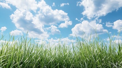 Obraz premium Lush green grass under a bright blue sky with fluffy clouds; nature background (2)