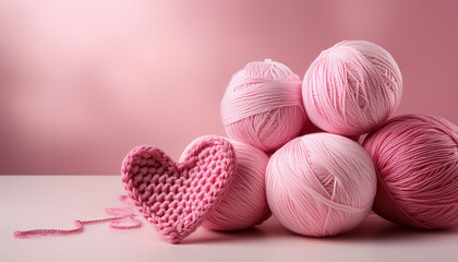 pink yarn balls and a crocheted heart on a soft pink background