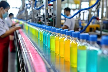 Brightly Colored Bottles on Production Line in Factory Environment with Workers Engaged in Manufacturing Process