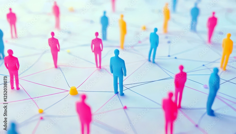 Poster colorful silhouettes of people connected by lines representing networking and social interaction in 