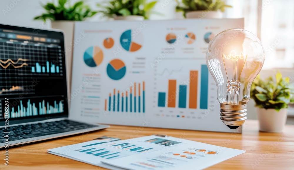 Aufkleber creative business concept with light bulb illuminating charts, graphs, and data visualizations on a 