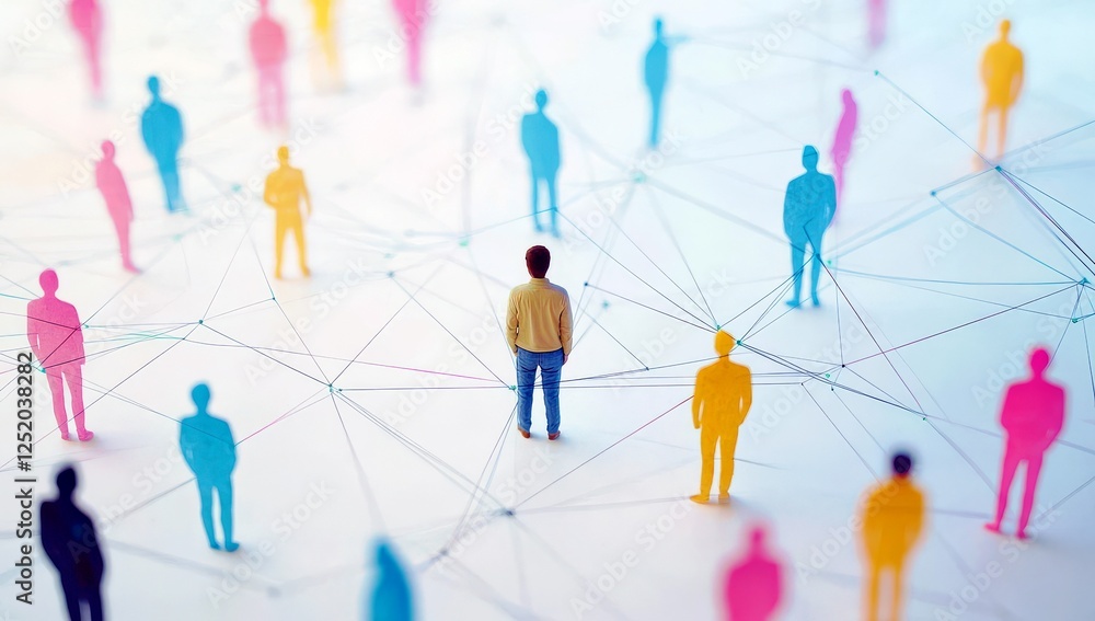 Poster a person standing in the center of a colorful network of stylized human figures representing connect