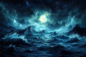 Fototapeta premium A dramatic seascape under a luminous moon, with turbulent waves and clouds.