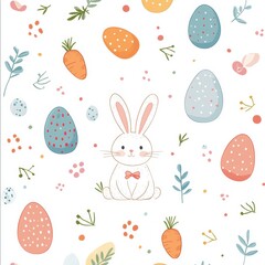 Cute rabbit surrounded by colorful eggs and carrots in a whimsical spring design