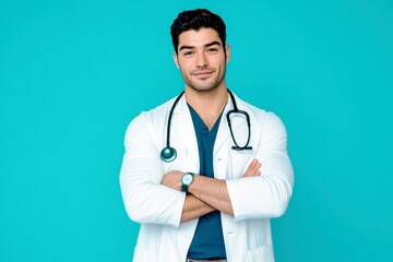 Fototapeta premium Confident Male Doctor with Stethoscope in White Coat Smiling on Blue Background Portraying Professionalism in Healthcare Environment