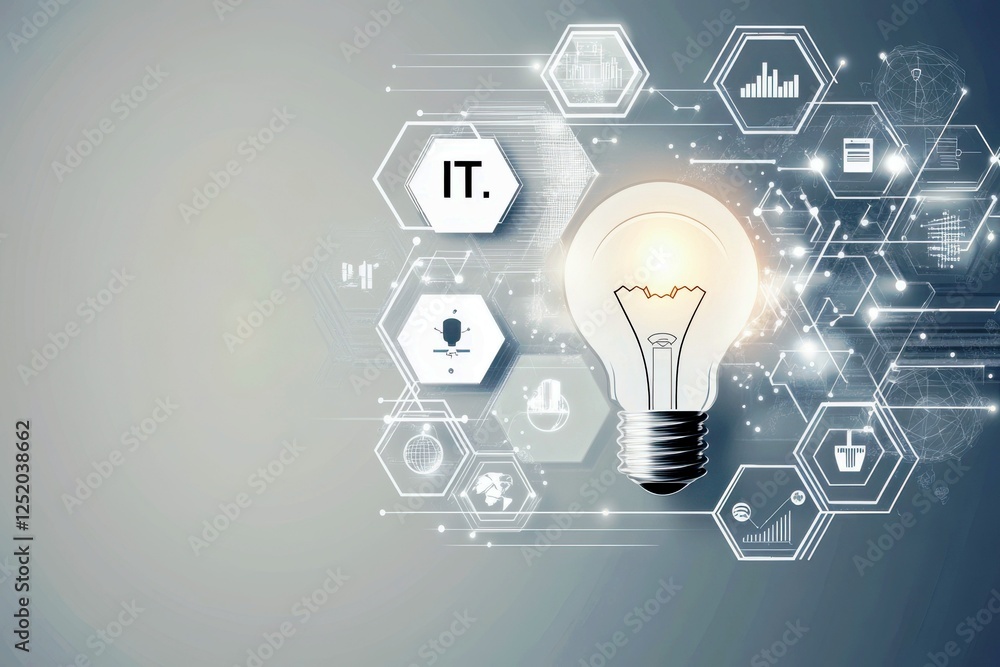 Poster creative concept of light bulb symbolizing innovation in information technology with various digital