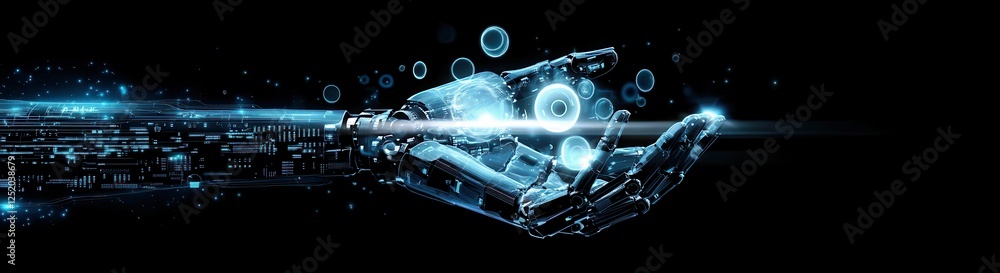 Poster futuristic robotic hand reaching out with glowing blue particles and digital effects, illustrating a