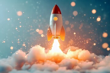 Vintage Rocket Launching into Space with a Beautiful Background of Clouds, Light Effects, and a Dreamy Atmosphere