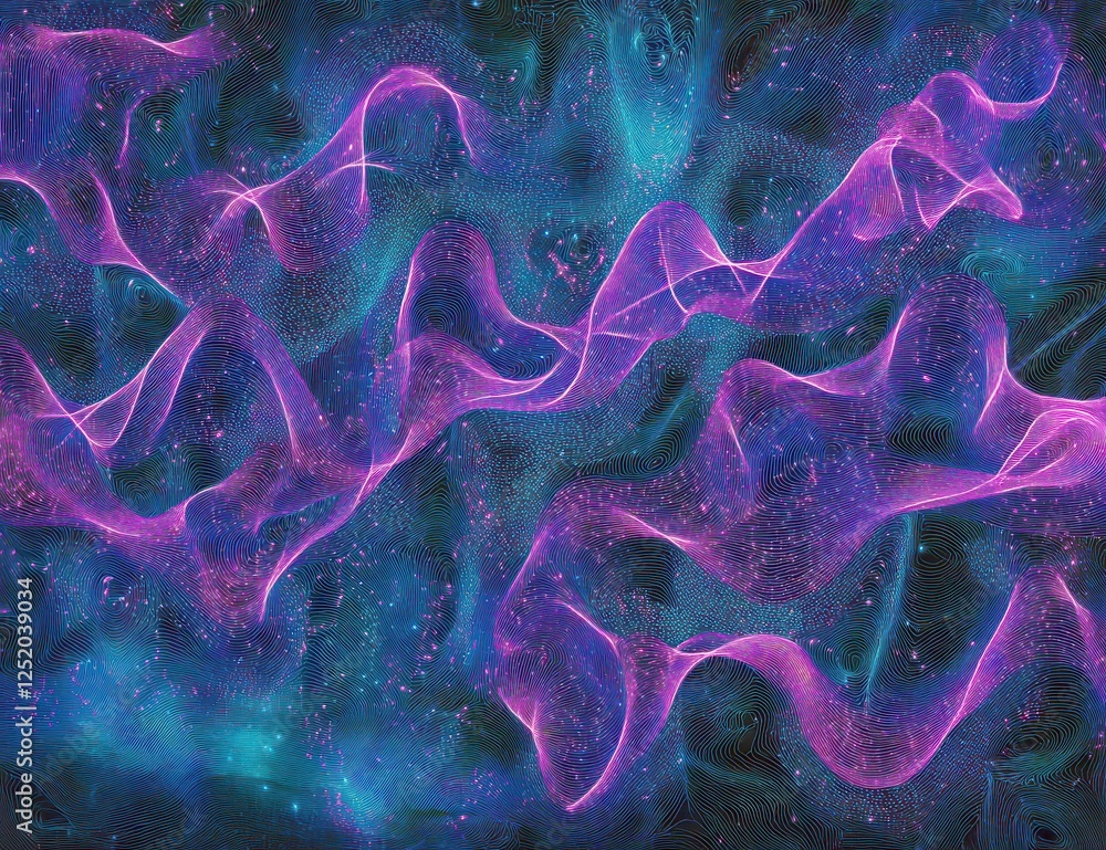 Poster abstract vibrant wave patterns in purple and teal hues creating an ethereal digital background for c