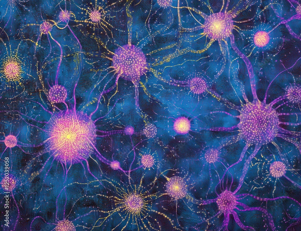 Aufkleber colorful abstract representation of neurons connected by colorful dendrites in a dark background ide
