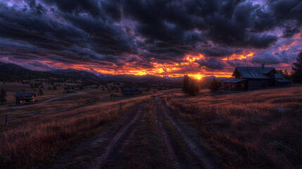 Dramatic sunset over rural valley, dirt road leads to houses