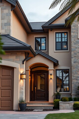 Luxury Home Exterior: Modern Architectural Design, Elegant Facade, and Stunning Entrance at Night