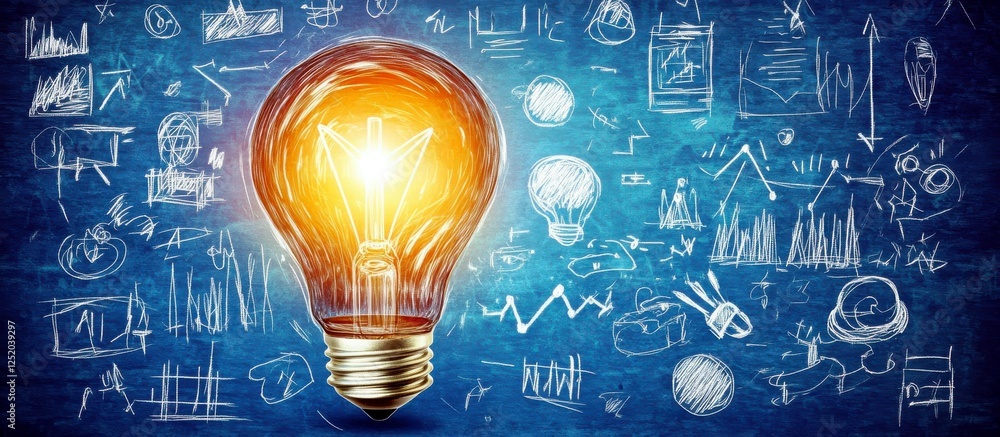 Poster illuminated light bulb with creative chalkboard background featuring business diagrams and concepts 