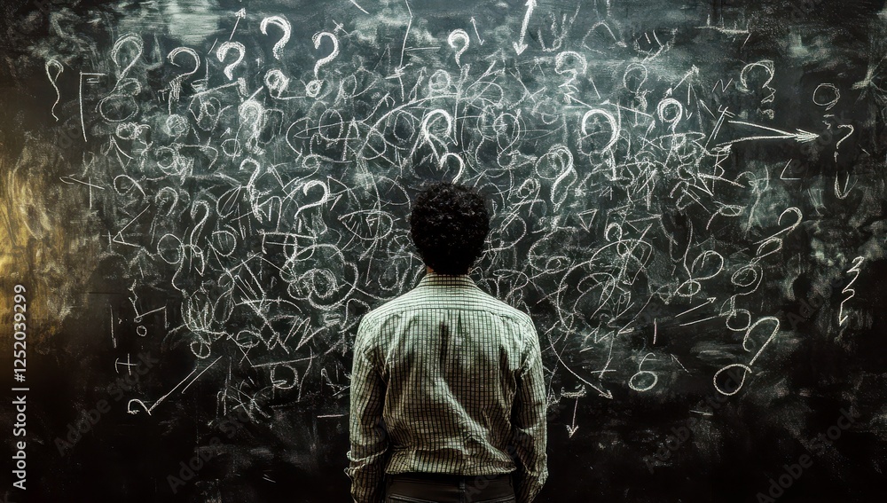 Poster person standing in front of black chalkboard filled with confusing symbols and questions, representi