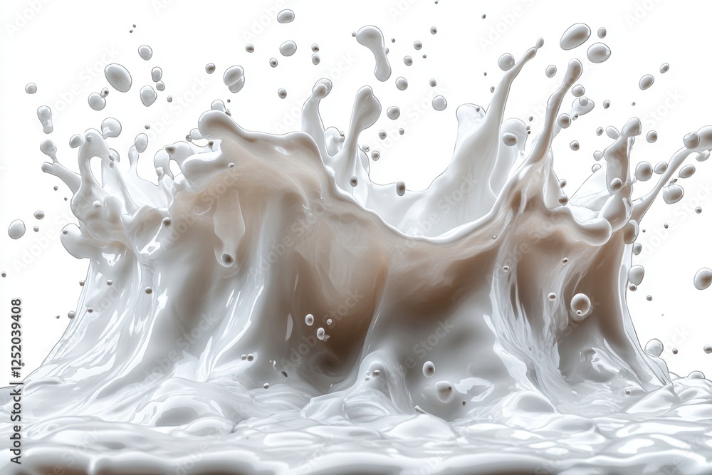 Poster splash of liquid resembling milk, creating dynamic droplets and waves.