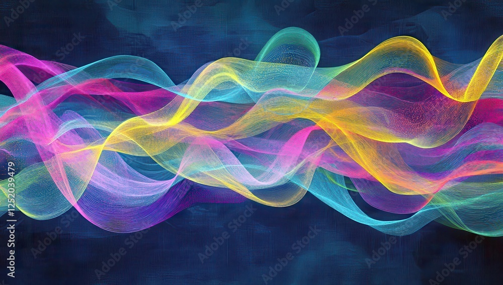 Poster vibrant waves of colorful light flowing across a dark background representing motion and energy in a