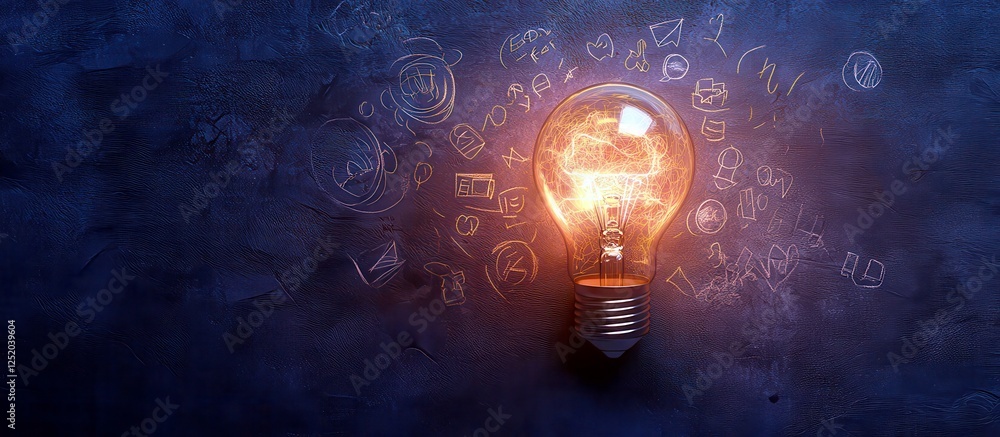 Poster bright light bulb illuminating creative ideas and concepts with sketches on dark background for insp