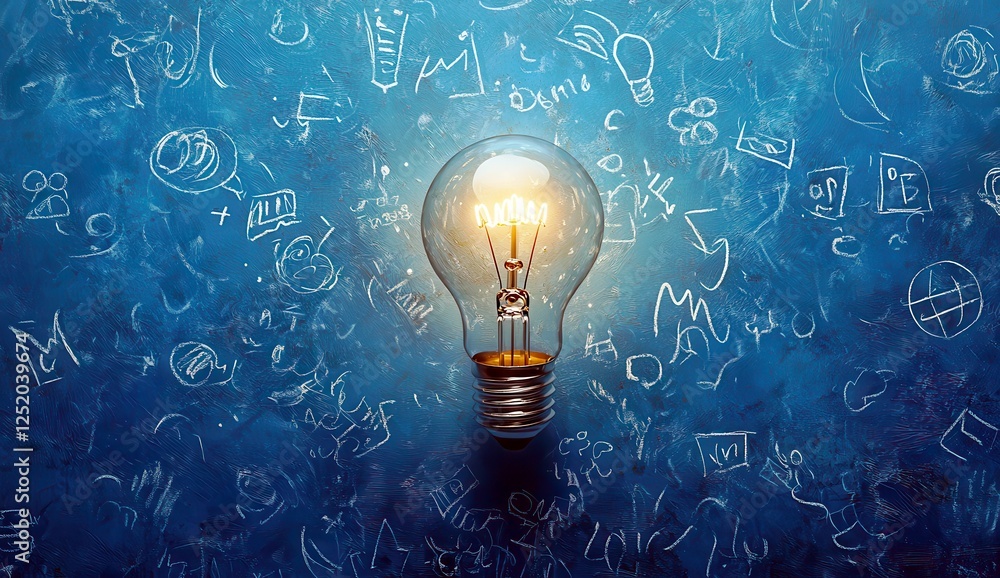 Poster bright lightbulb illuminating creative ideas and concepts with abstract background of drawings and s