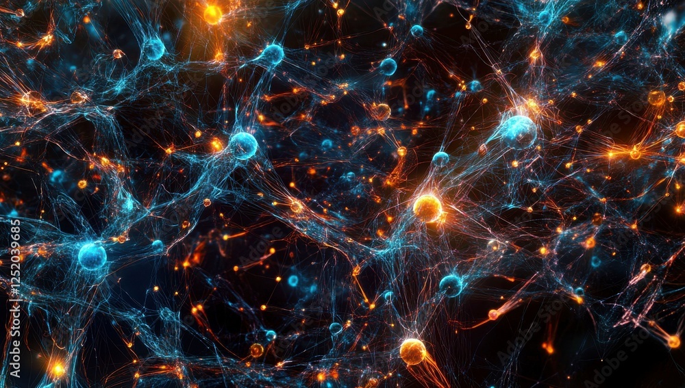 Poster abstract representation of glowing particles and interconnected lines depicting energy flow, digital