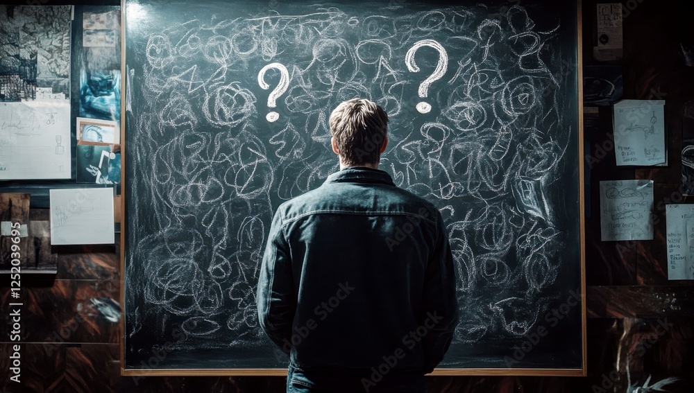 Poster contemplative individual gazing at unclear chalkboard with question marks in a creative workspace, r