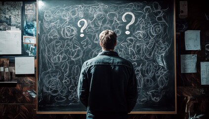 Contemplative Individual Gazing at Unclear Chalkboard with Question Marks in a Creative Workspace, Representing Curiosity and Exploration of Ideas