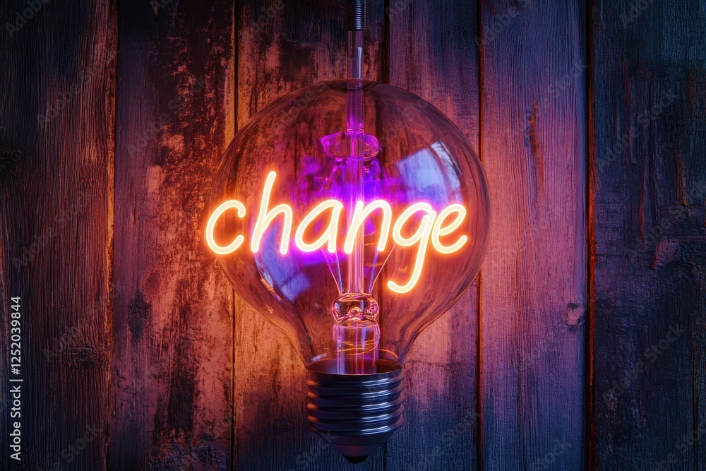 Poster bright glowing light bulb with the word change illuminated in vibrant neon against rustic wooden bac