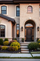 Naklejka premium Luxury Home Exterior: Brick Facade, Landscaping, and Elegant Entrance