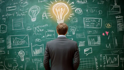 Businessman in Suit with Chalkboard Background and Light Bulb Symbolizing Innovative Ideas and Creative Thinking in Modern Corporate Environment