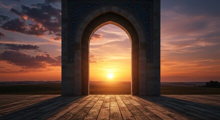 Fototapeta premium Wooden floor with mosque door arch with landscape view and sunset scene background