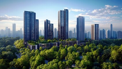 Obraz premium Modern skyscrapers rise among lush greenery in a vibrant urban landscape showcasing sustainable architecture and city planning for future living