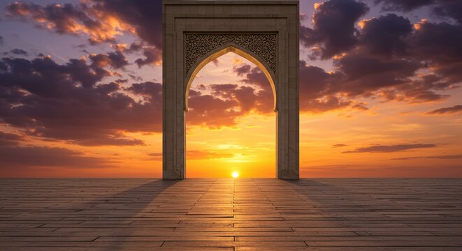 Wooden floor with mosque door arch with landscape view and sunset scene background