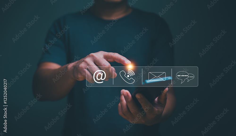 Poster customer support hotline people connect or contact us, concept of using mobile app technology to con