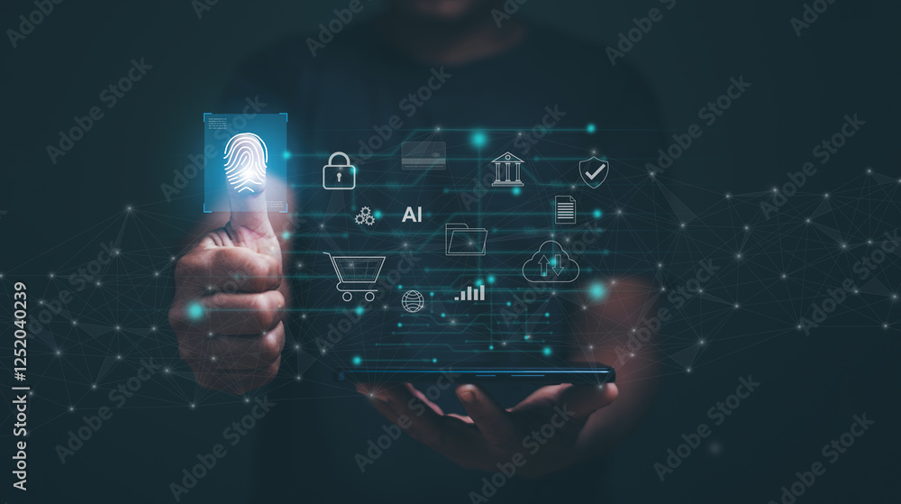 Aufkleber Security technology and cybernetics on the internet network. Businessman using fingerprint for identification access to personal business information. Cloud Computing, shopping, electronic banking.