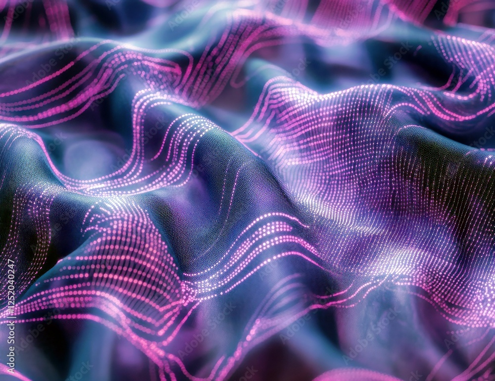Poster abstract colorful fabric with neon waves and glowing dots creating a dynamic flow, ideal for technol