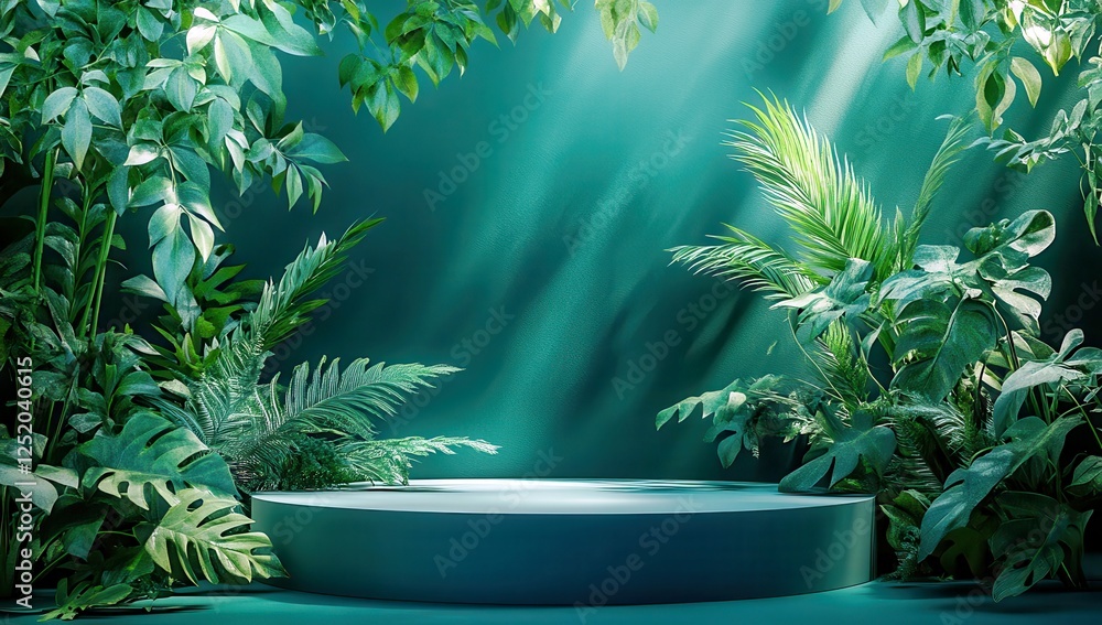 Poster lush green tropical setting with circular platform surrounded by vibrant foliage and soft lighting i