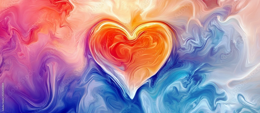 Poster abstract colorful swirl background with a heart shape in the center, showcasing vibrant and flowing 