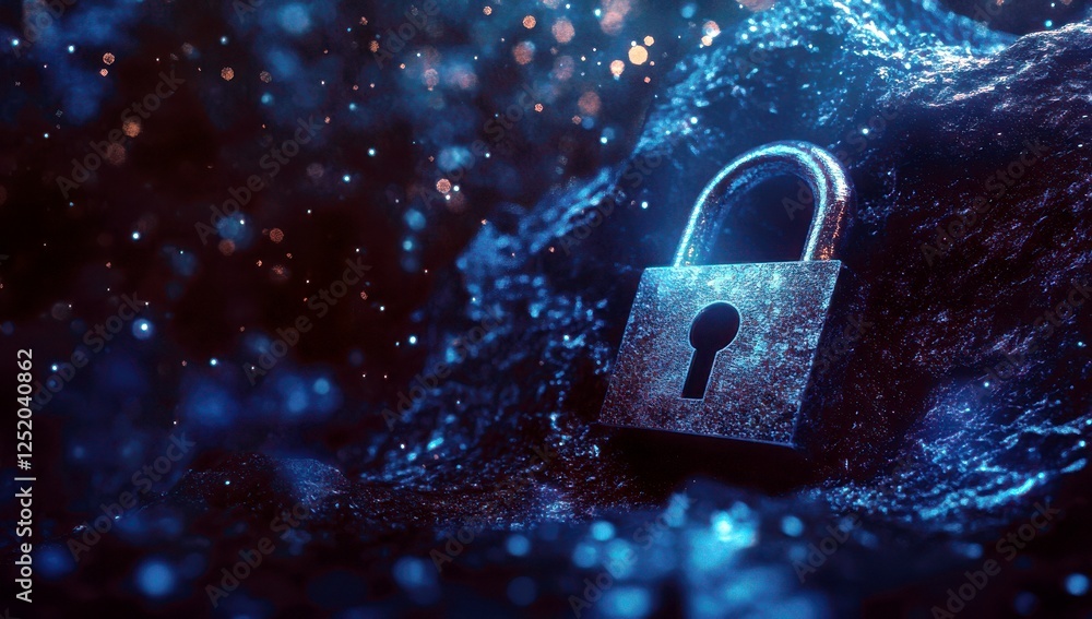 Poster glowing lock on abstract ocean background with soft bokeh lights and mystical vibe for security and 