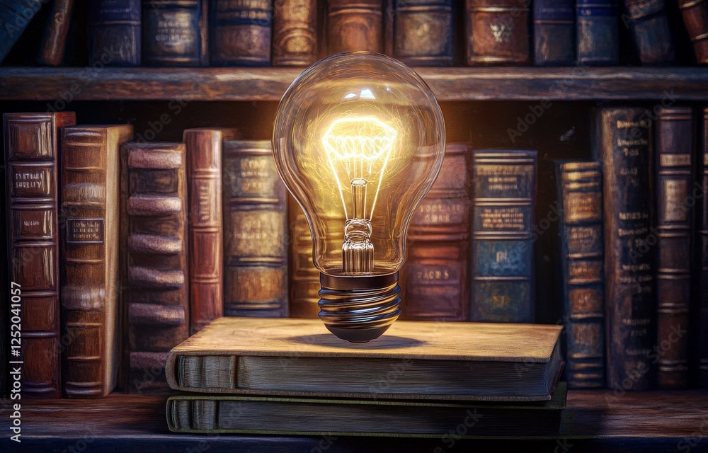 Poster light bulb illuminating books on vintage shelf, symbolizing knowledge and ideas in a cozy library se