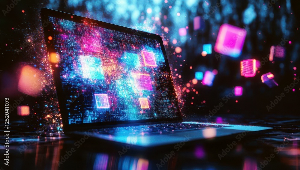Poster futuristic laptop with digital artwork and colorful data visualization in a network of sparkling lig