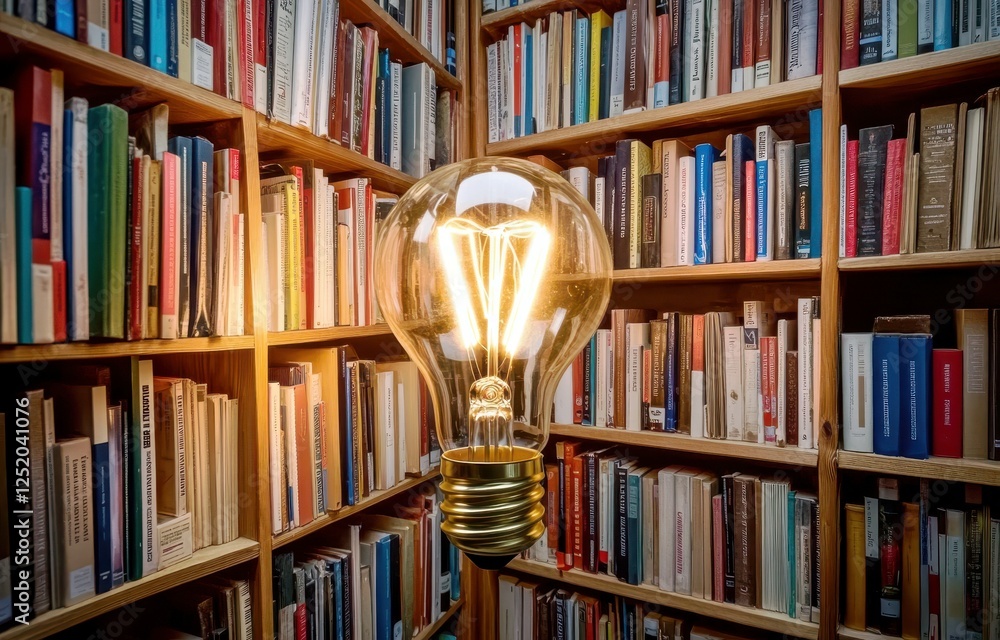 Aufkleber bright light bulb illuminating bookshelves in cozy library setting with colorful spines and warm atm