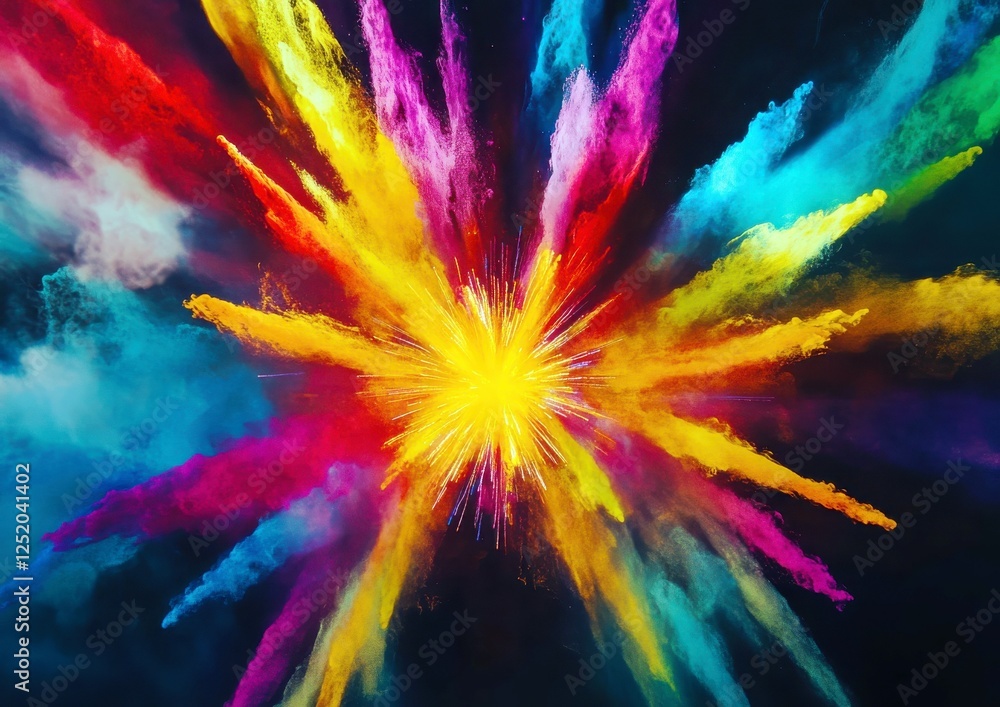 Poster vibrant explosion of colorful powder with bright yellow center creating an eye-catching and dynamic 