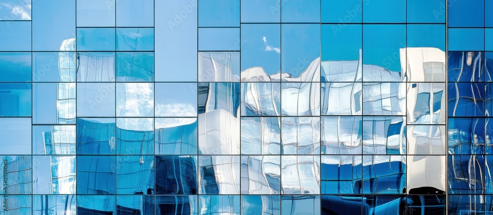 Poster reflective glass surface of modern building showcasing unique architectural design with sky and clou