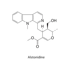 Alstonidine skeletal structure.Indole alkaloid compound schematic illustration. Simple diagram, chemical structure.