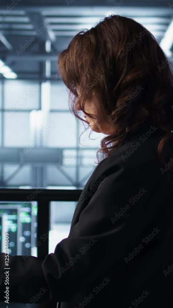 Poster vertical video admin in data center using laptop to update storage arrays, configuring network virtu