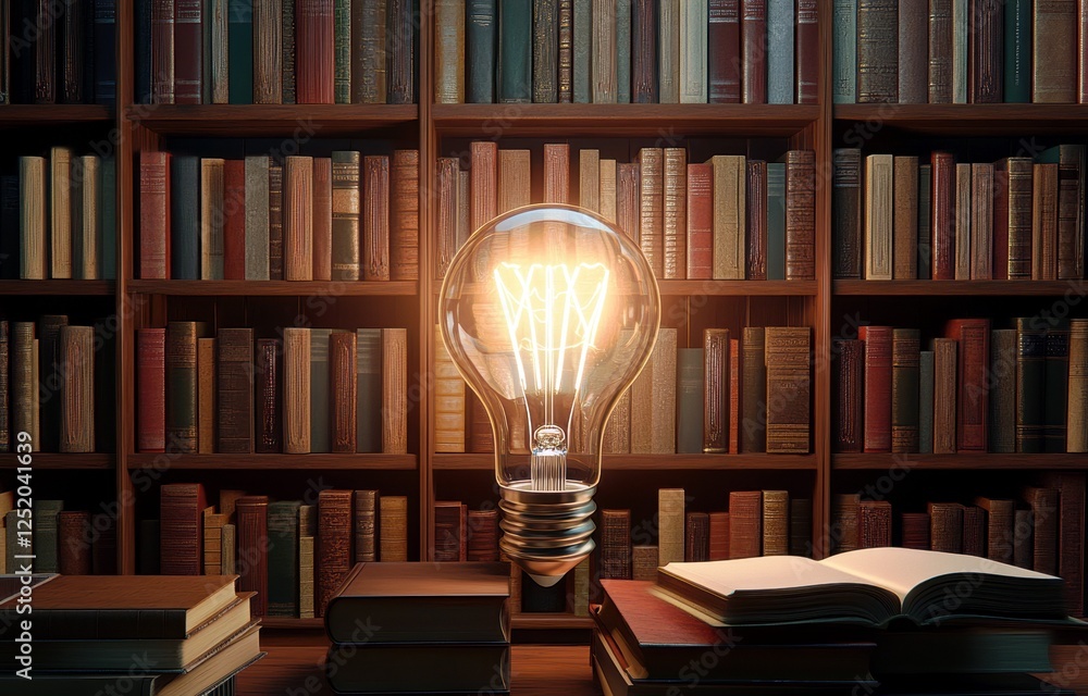 Poster light bulb glowing above open book on wooden table with bookshelf filled with books, symbolizing kno