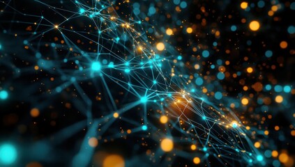 Abstract Digital Network Visualization with Blue and Orange Lights Representing Connections and Data Flow in a Futuristic Style