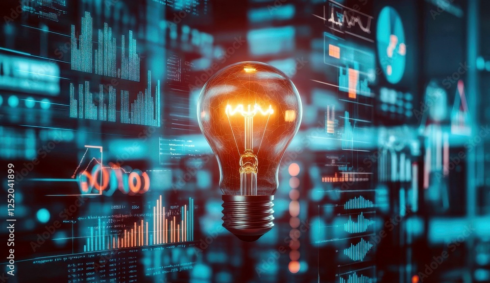 Poster light bulb glowing in a digital world of data charts and graphs, symbolizing innovative ideas and te