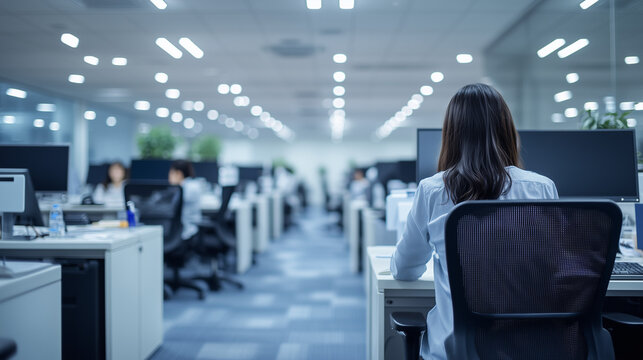 Woman Working at Her Desk in a Spacious Corporate Office Environment, Businesswoman working in a bright and spacious call center