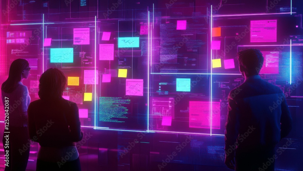 Poster diverse professionals engaged in data analysis while observing digital screens with vibrant neon col