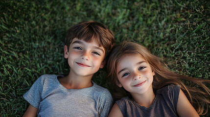 Fototapeta premium A smiling sibling duo lying together on the grass in a park, bonding through playful childhood games.